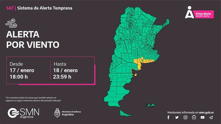 El alerta por fuestes vientes rige para las provincias de Buenos Aiers, en zonas de la costa y el sur; el sureste de La Pampa; la costa de Río Negro; y la parte norte de la costa de Chubut. Foto: SMN.