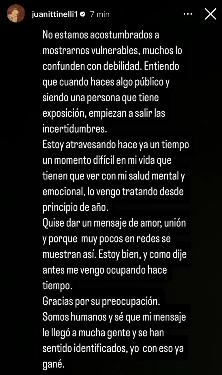 Historia de instagram de Juanita Tinelli.