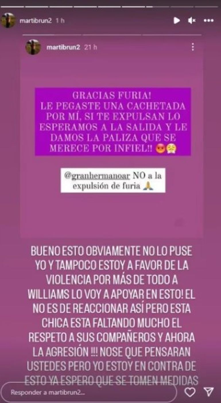 La aclaración de Martina Brun sobre el posteo que dice que apoya a Furia. La aclaración de Martina Brun sobre el posteo que dice que apoya a Furia.