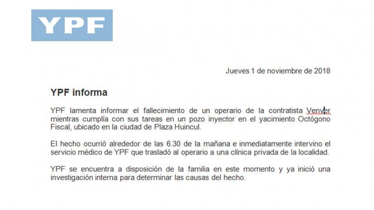¿Qué dijo YPF sobre la muerte del operario?