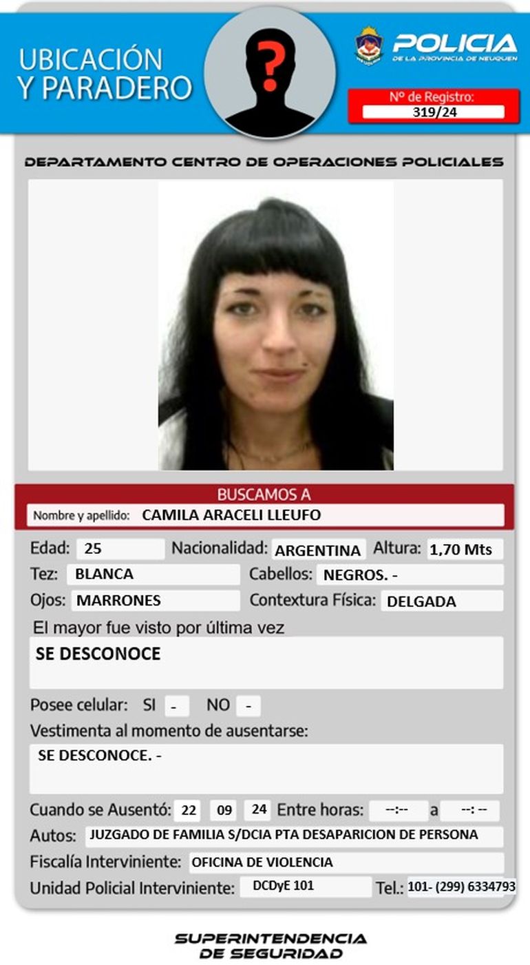 La Policía solicitó comunicarse al 101-(299) 6334793 ante cualquier información. La Policía solicitó comunicarse al 101-(299) 6334793 ante cualquier información.