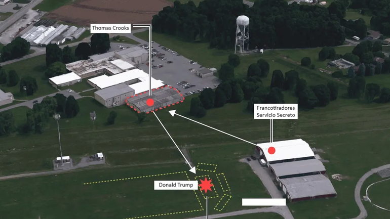 La ubicación del atacante y de los francotiradores del Servicio Secreto.