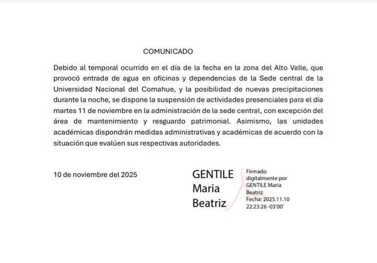El comunicado de la UNco sobre la situación después de la tormenta de este último lunes en Neuquén. El comunicado de la UNco sobre la situación después de la tormenta de este último lunes en Neuquén.