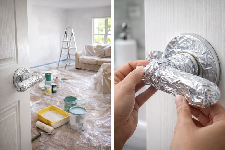 Una mano ajusta el aluminio sobre la manija para evitar manchas, golpes y suciedad. Una mano ajusta el aluminio sobre la manija para evitar manchas, golpes y suciedad.