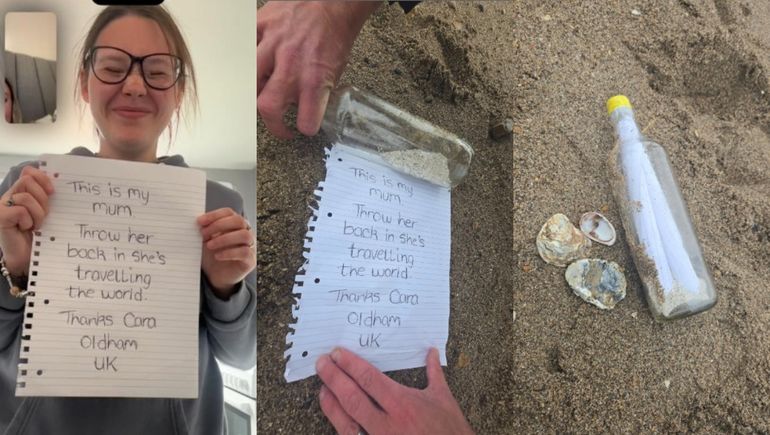 La joven de 24 años selló la botella de vidrio con los restos de madre y un emotivo mensaje en un papel.