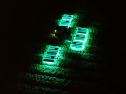 Luna opera de noche en un campo de frutillas, aplicando luz UV‑C sobre las plantas mientras se desplaza de forma totalmente autónoma. Foto: TRIC Luna opera de noche en un campo de frutillas, aplicando luz UV‑C sobre las plantas mientras se desplaza de forma totalmente autónoma. Foto: TRIC
