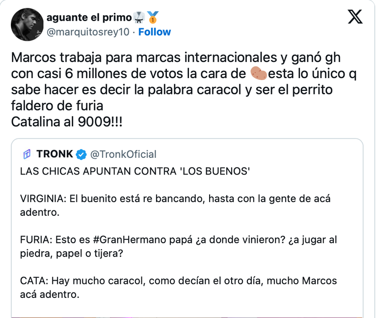 Los fans de Marcos Ginocchio apuntaron contra Catalina de Gran Hermano. Los fans de Marcos Ginocchio apuntaron contra Catalina de Gran Hermano.