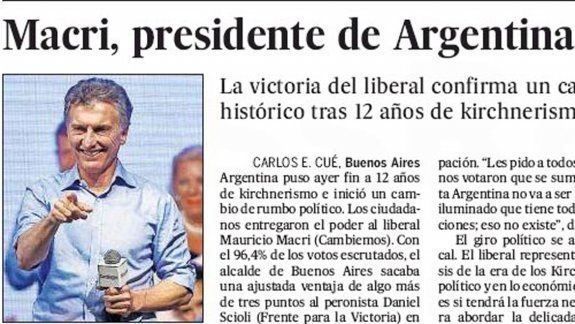 Los principales diarios de Europa, Estados Unidos y América Latina le dieron un amplio despliegue al resultado de las elecciones del domingo y al triunfo de Mauricio Macri.