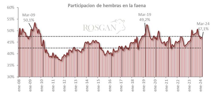 Porcentaje de hembras en la faena total, datos mensuales desde enero 2008. Fuente: SENASA. Porcentaje de hembras en la faena total, datos mensuales desde enero 2008. Fuente: SENASA.