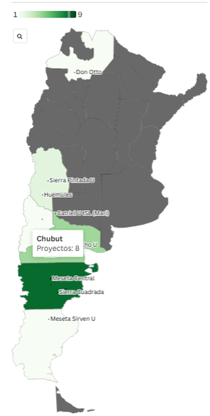 De los 17 proyectos nacionales, 14 están en la región patagónica y 8 de ellos en Chubut. Fuente: secretaría de Minería, actualización febrero de 2025