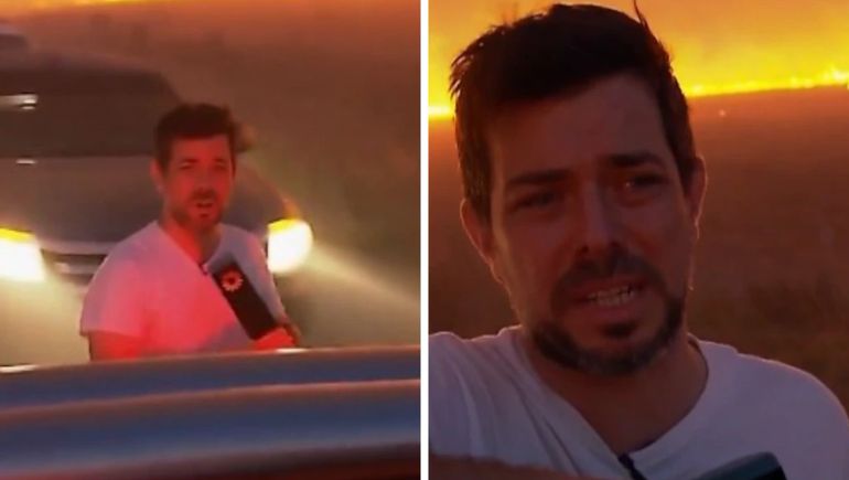 Un periodista quedó en medio del fuego mientras transmitía en vivo