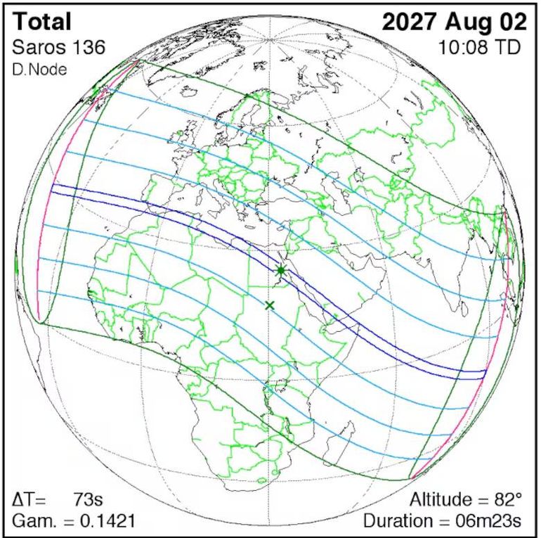 El eclipse más largo del siglo cruzará varias del las regiones densamente pobladas del planeta, entre ellas España, Marruecos, Argelia, Túnez, Libia, Egipto, Sudán, Arabia Saudita, Yemen y Somalia.