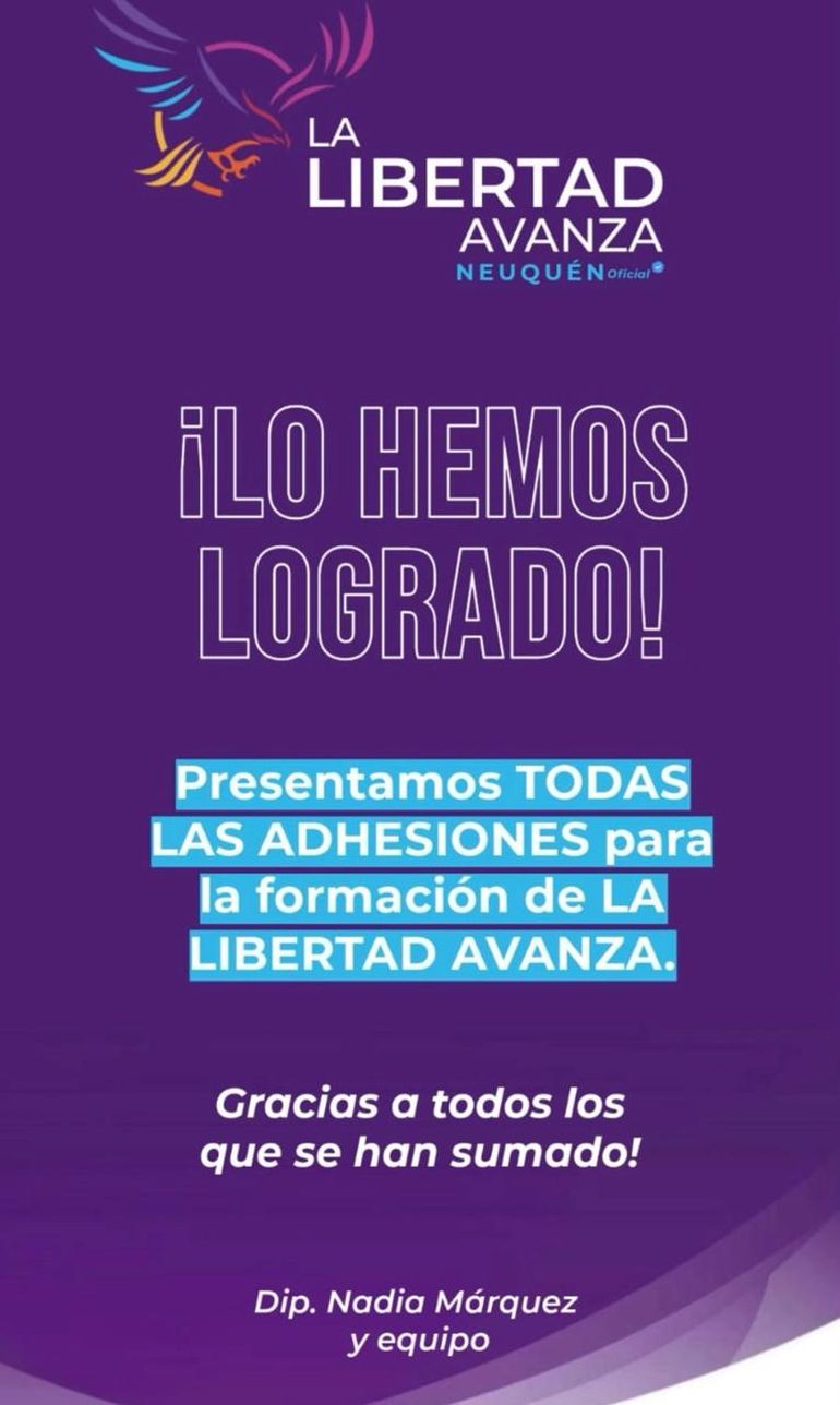 La Libertad Avanza consiguió las adhesiones mínimas para conformar el partido en Neuquén. La Libertad Avanza consiguió las adhesiones mínimas para conformar el partido en Neuquén.