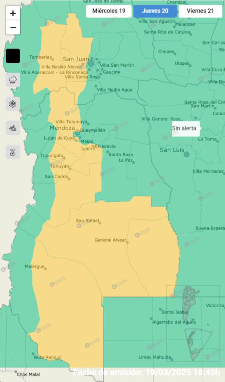 Las provincias bajo alerta por tormentas son San Juan y Mendoza, en tanto que Tierra del Fuego permanece bajo advertencia por ráfagas de viento de hasta 60 km/h. Las provincias bajo alerta por tormentas son San Juan y Mendoza, en tanto que Tierra del Fuego permanece bajo advertencia por ráfagas de viento de hasta 60 km/h.