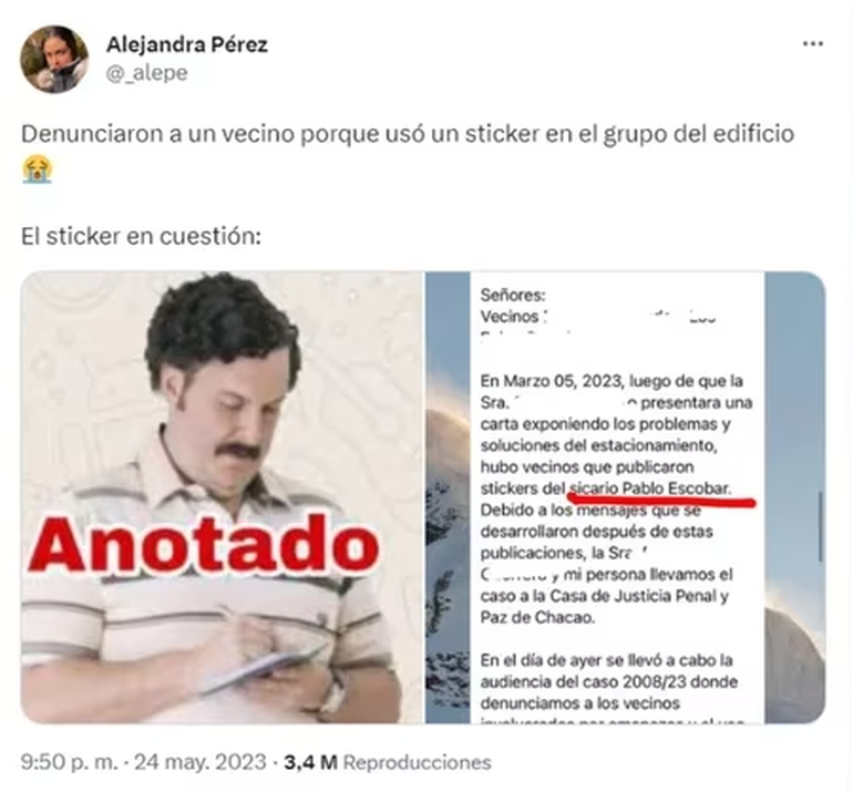 Lo denunciaron por usar un sticker de Pablo Escobar. Lo denunciaron por usar un sticker de Pablo Escobar.