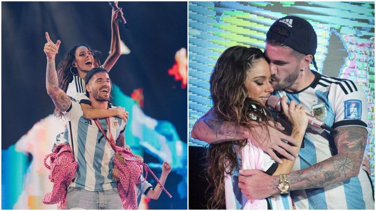 Muye enamorados, Tini y Rodrigo De Paul en el show que la cantante brindó poco después de que su novio se coronara campeón de la copa del mundo en Qatar. 