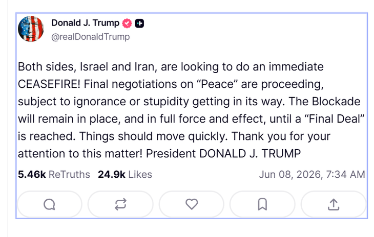 La publicación de Donald Trump en su red social Truth. La publicación de Donald Trump en su red social Truth.