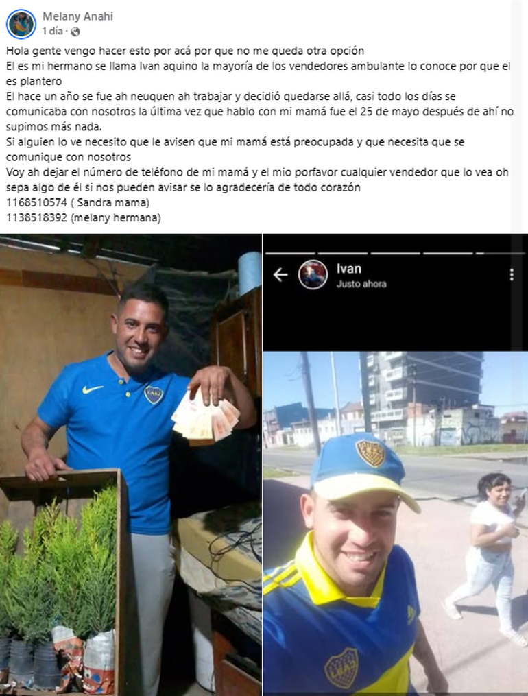 Desaparición del vendedor de plantas en Neuquén. El posteo que hizo la familia.