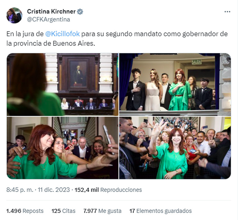 La exvicepresidenta estuvo presente en la segunda jura de Axel Kicillof y lo felicitó en su cuenta de X, antes conocido como Twitter. La exvicepresidenta estuvo presente en la segunda jura de Axel Kicillof y lo felicitó en su cuenta de X, antes conocido como Twitter.