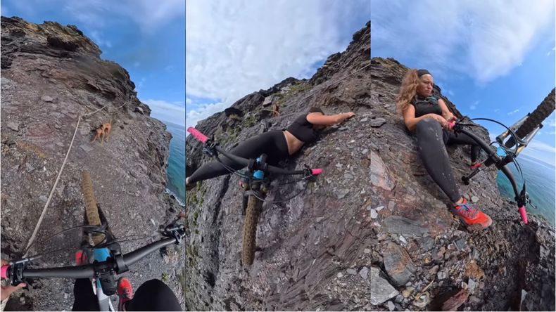 La influencer pedaleaba por el sendero angosto de un terreno inclinado cuando se detuvo ante su mascota y resbaló. | LM Neuquen La influencer pedaleaba por el sendero angosto de un terreno inclinado cuando se detuvo ante su mascota y resbaló.