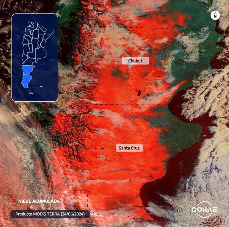 Una de las imágenes difundidas por la CONAE, que exhibe la situación en Chubut y Santa Cruz bajo la ola polar. Una de las imágenes difundidas por la CONAE, que exhibe la situación en Chubut y Santa Cruz bajo la ola polar.