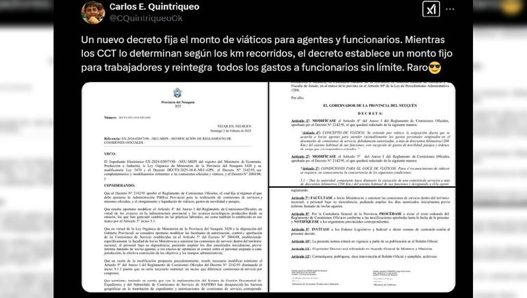 El tuit de Carlos Quinrtiqueo de ATE sobre los viáticos estatales en Neuquén. El tuit de Carlos Quinrtiqueo de ATE sobre los viáticos estatales en Neuquén.