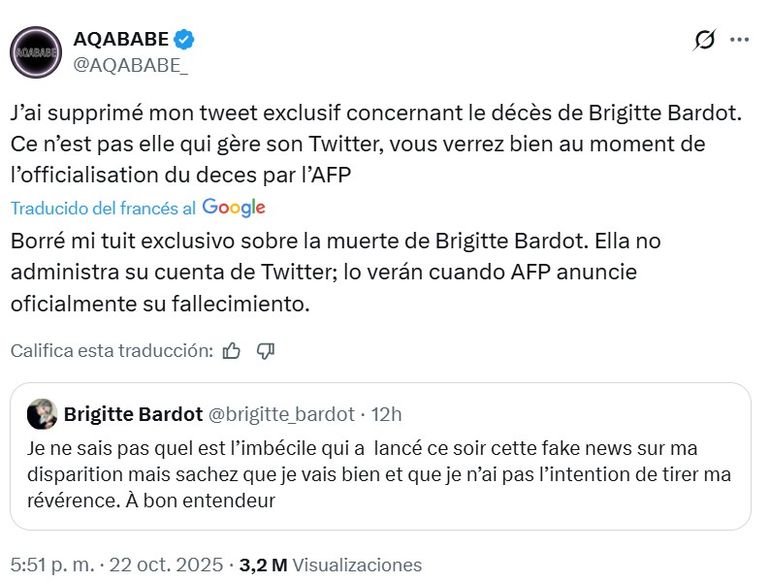 Pese a que eliminó los mensajes originales, el influencer que los publicó ratificó su información sobre la salud de Brigitte Bardot. Pese a que eliminó los mensajes originales, el influencer que los publicó ratificó su información sobre la salud de Brigitte Bardot.