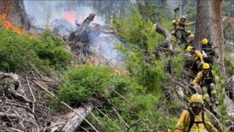 Brigadistas de Chubut combatiendo el fuego en una zona de muy dif&iacute;cil acceso del Parque Nacional Los Alerces.&nbsp;&nbsp;