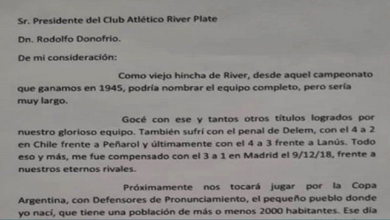 Parte de la carta enviada a River.