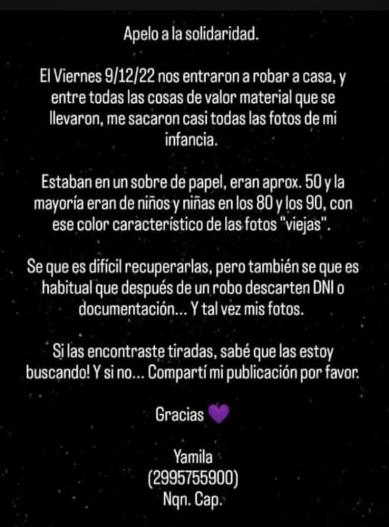 Yamila hizo un pedido a sus contactos por las fotos de su infancia robadas en su casa.