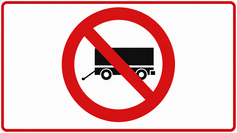Esta señal simobliza la prohibición de circular con un acoplado por la calzada. Esta señal simobliza la prohibición de circular con un acoplado por la calzada.