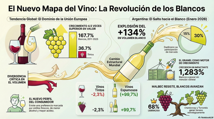 Los vinos blancos lideran el crecimiento global y Argentina acelera su giro exportador