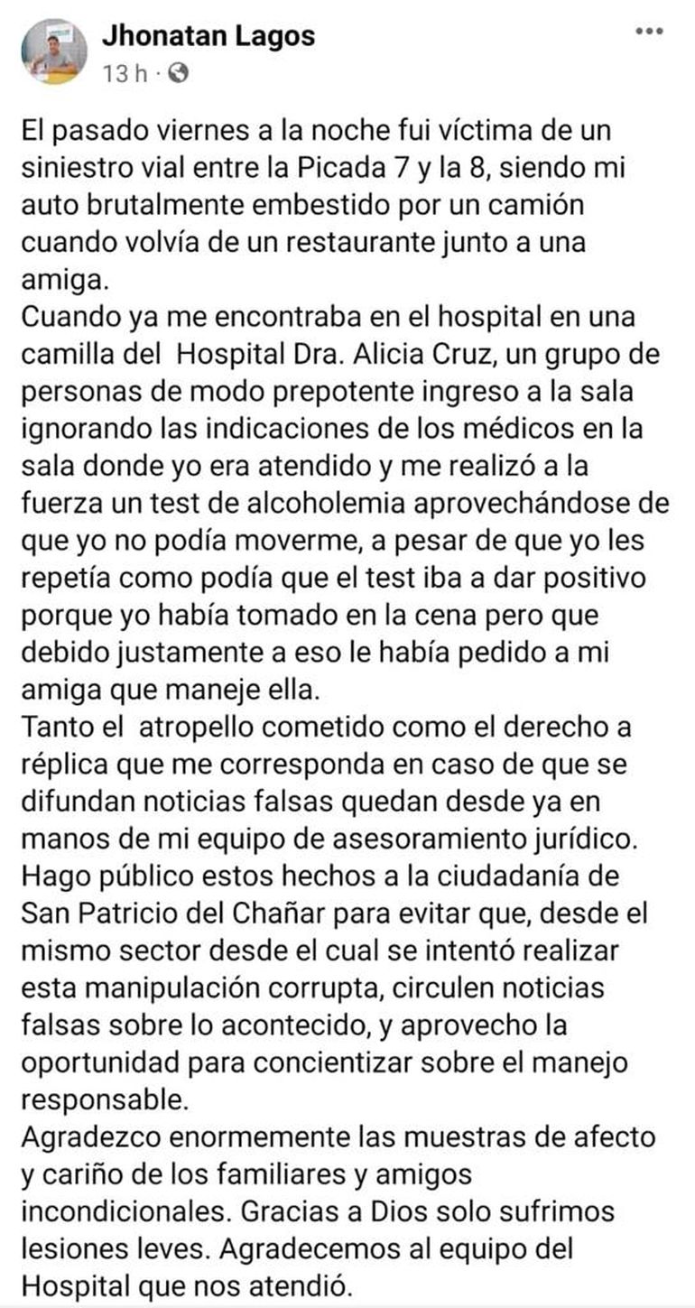 El concejal negó que estuviese borracho y dijo que su amiga era la que manejaba.