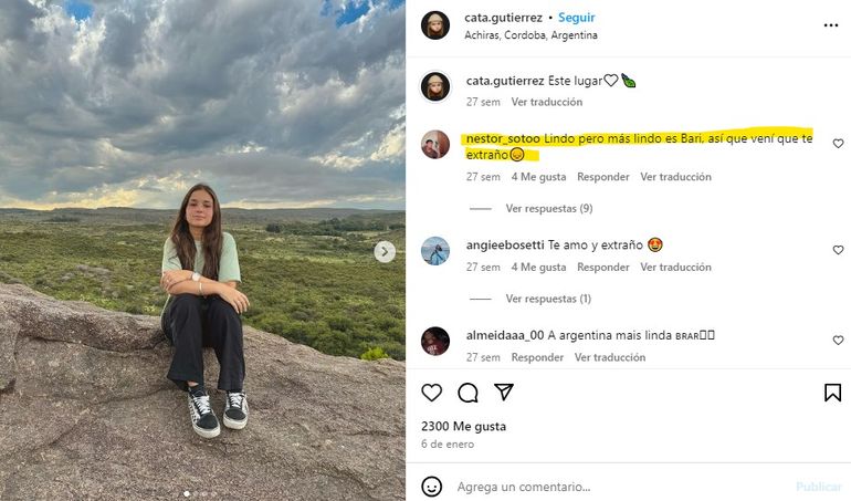 La influencer Catalina Gutiérrez, en un posteo comentado por el presunto autor del femicidio. La influencer Catalina Gutiérrez, en un posteo comentado por el presunto autor del femicidio.