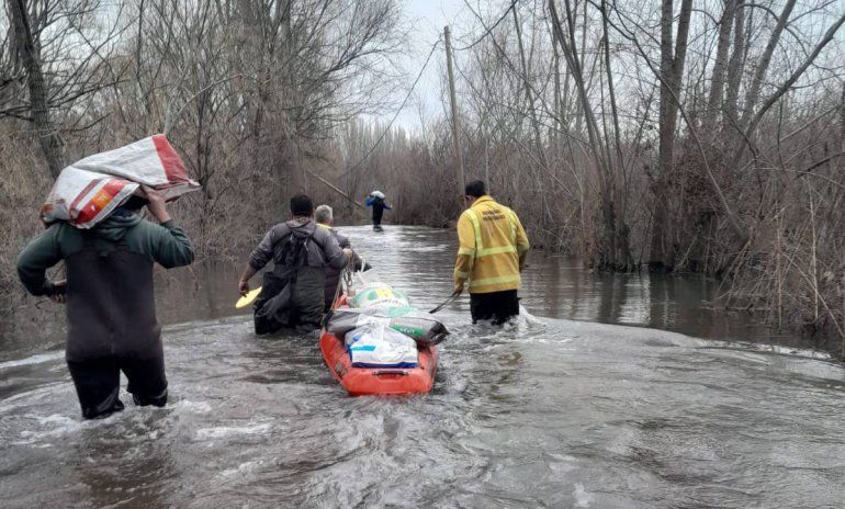 Para llevar alimentos, Defensa Civil de Centenario y Bomberos Voluntarios deben hacerlo en canoa hasta las casas por la crecida del río Neuquén.