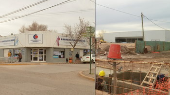 El frente de una de las sedes de la Cooperativa Obrera en Oro y la obra de La Anónima que avanza en esa ciudad. Fotos Antonio Spagnuolo. El frente de una de las sedes de la Cooperativa Obrera en Oro y la obra de La Anónima que avanza en esa ciudad. Fotos Antonio Spagnuolo.