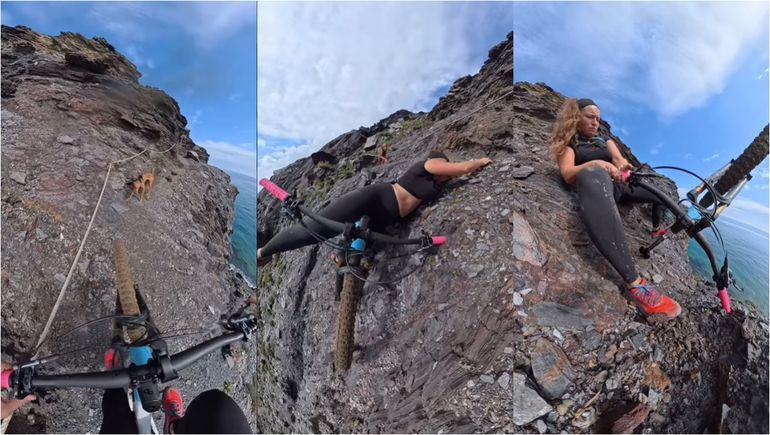 La influencer pedaleaba por el sendero angosto de un terreno inclinado cuando se detuvo ante su mascota y resbaló.