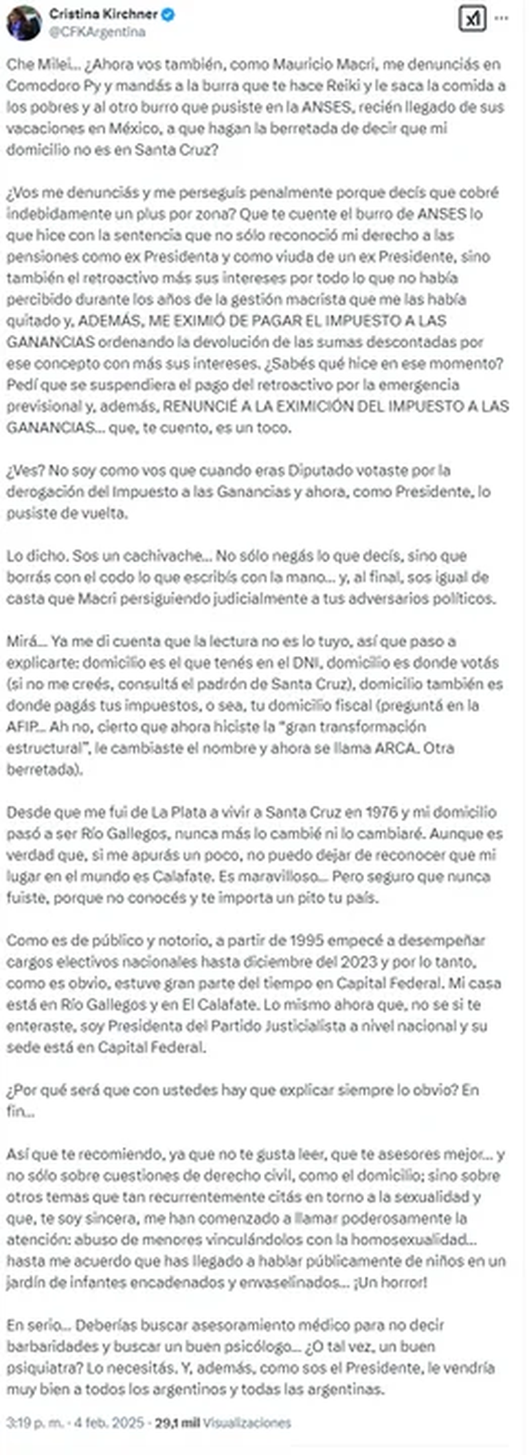 El posteo de Cristina Kirchner El posteo de Cristina Kirchner