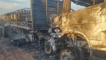 El camión quedó destruido tras el incendio en Ruta 8, cerca de San Patricio del Chañar El camión quedó destruido tras el incendio en Ruta 8, cerca de San Patricio del Chañar