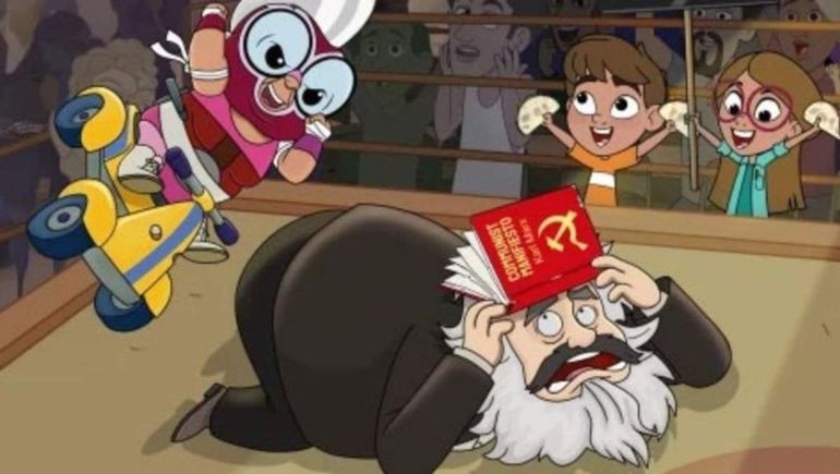 Karl Marx es golpeado en el nuevo Paka Paka libertario. 