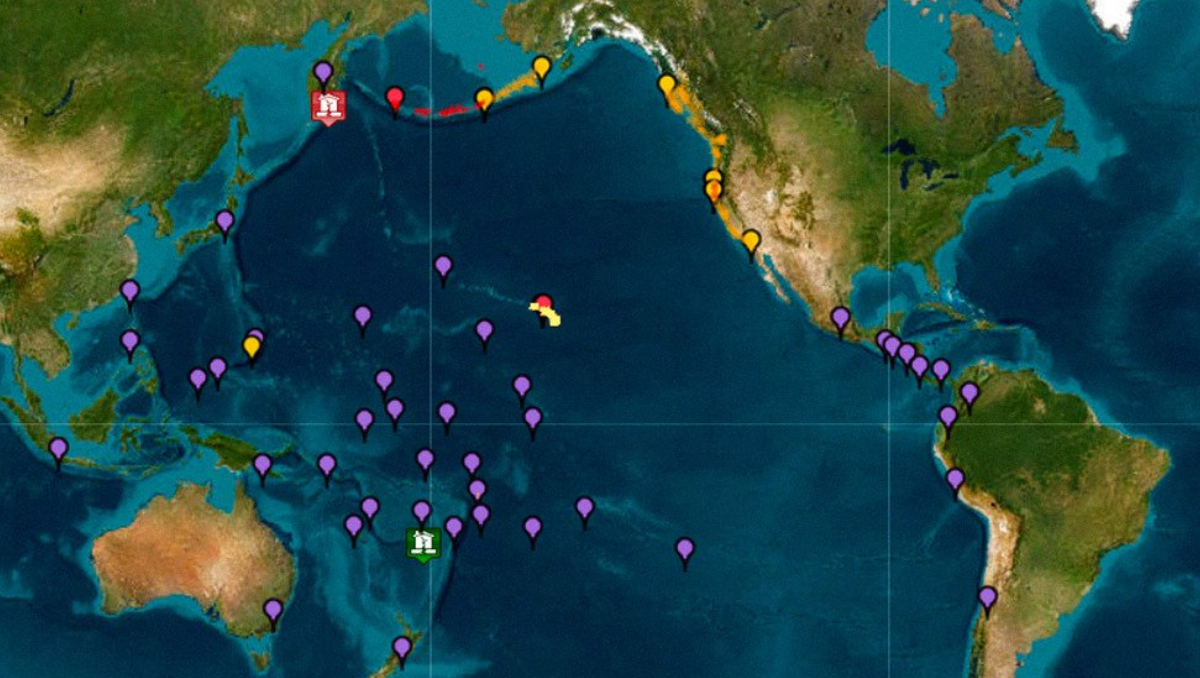 El mapa de aviso por alerta de tsunami en el océano Pacífico tras el terremoto en Rusia