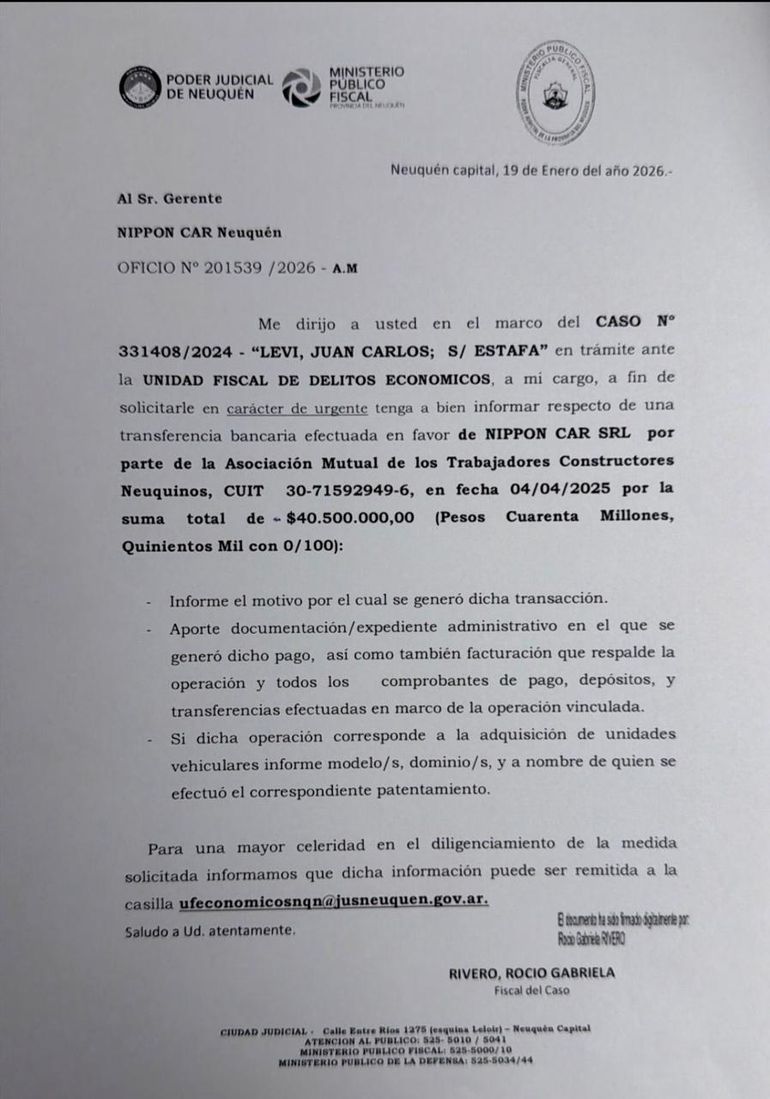 El pedido de infortme que pide la fiscal Rocío RFivero en el marco de la denuncia por defraudación que se investiga. El pedido de infortme que pide la fiscal Rocío RFivero en el marco de la denuncia por defraudación que se investiga.