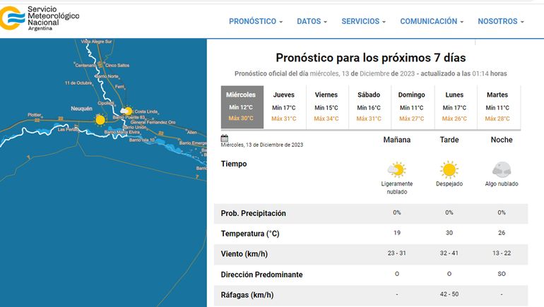 El pronóstico del tiempo en Neuquén.