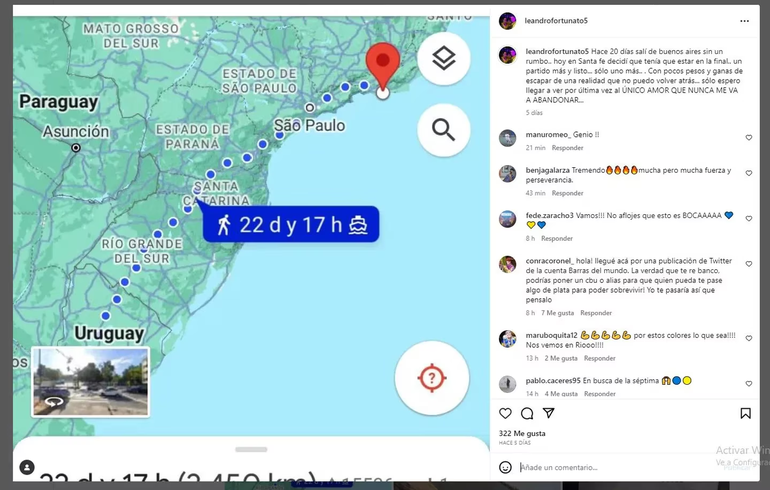 El recorrido que compartió el hincha de Boca en su viaje a Rio de Janeiro El recorrido que compartió el hincha de Boca en su viaje a Rio de Janeiro