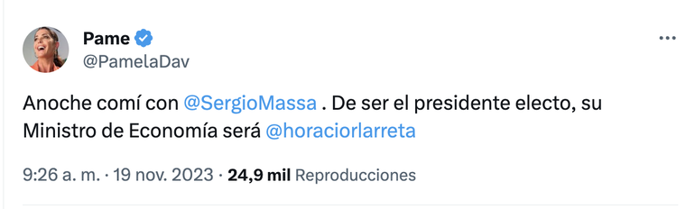 El mensaje de Pamela David durante el domingo de balotaje. Foto X. El mensaje de Pamela David durante el domingo de balotaje. Foto X.