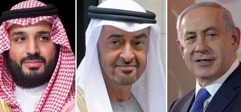 Mohamed bin Salmán de Arabia Saudita, Mohamed bin Zayed Al Nahyan de Emiratos Árabes y el israelí Benjamin Netanyahu. Mohamed bin Salmán de Arabia Saudita, Mohamed bin Zayed Al Nahyan de Emiratos Árabes y el israelí Benjamin Netanyahu.