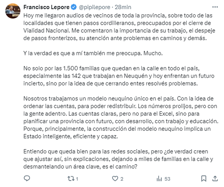 El mensaje del diputado por Avanzar Neuquén, Fancisco Lépore. El mensaje del diputado por Avanzar Neuquén, Fancisco Lépore.