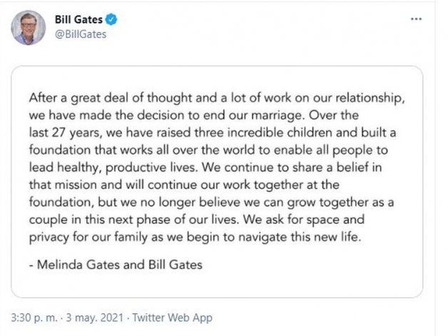 Bill Gates y Melinda separados tras 27 años de casados