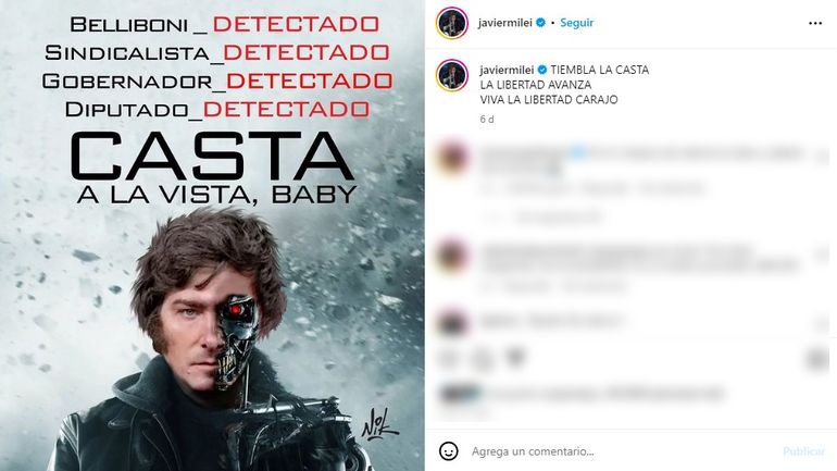 El posteo de Javier Milei en Instagram, que Eduardo Belliboni denunció por amenazas. El posteo de Javier Milei en Instagram, que Eduardo Belliboni denunció por amenazas.