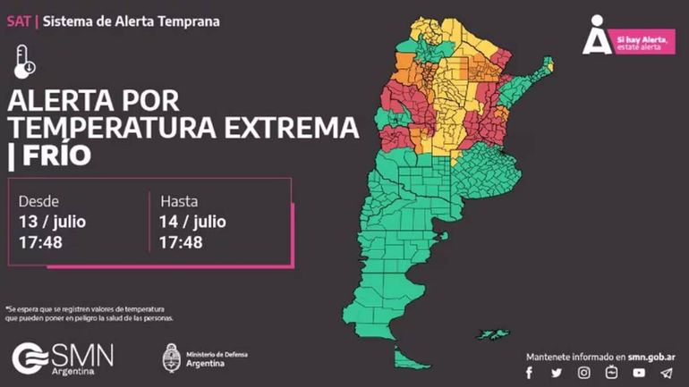 El Servicio Meteorológico Nacional emitió una alerta por frío extremo para las provincias de Buenos Airres Entre Ríos, Corrientes, Misiones, Santa Fe, Chaco, Formosa, Córdoba, Santiago del Estero, Salta, Jujuy, Tucumán, Catamarca, La Rioja, San Juan, Mendoza, y San Luis. Foto: SMN El Servicio Meteorológico Nacional emitió una alerta por frío extremo para las provincias de Buenos Airres Entre Ríos, Corrientes, Misiones, Santa Fe, Chaco, Formosa, Córdoba, Santiago del Estero, Salta, Jujuy, Tucumán, Catamarca, La Rioja, San Juan, Mendoza, y San Luis. Foto: SMN